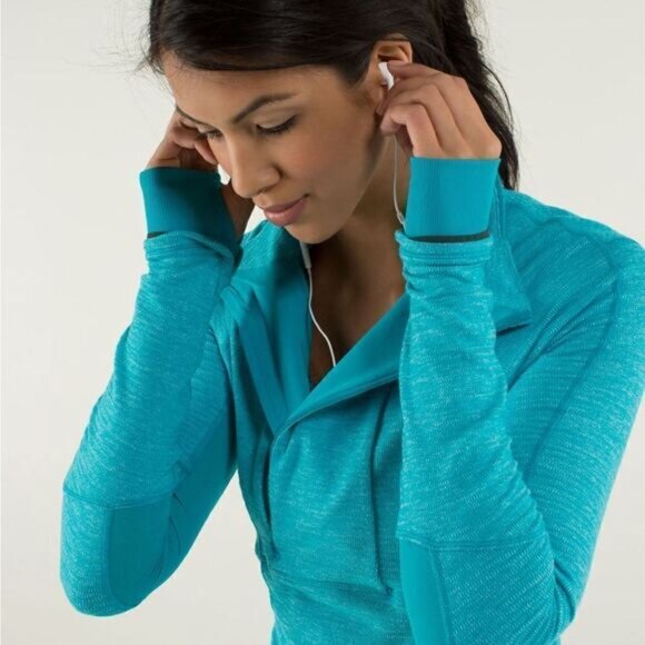 Lululemon base runner Mini Check Pique Surge Heathered Turquoise Pullover Sz 6 - Picture 7 of 16